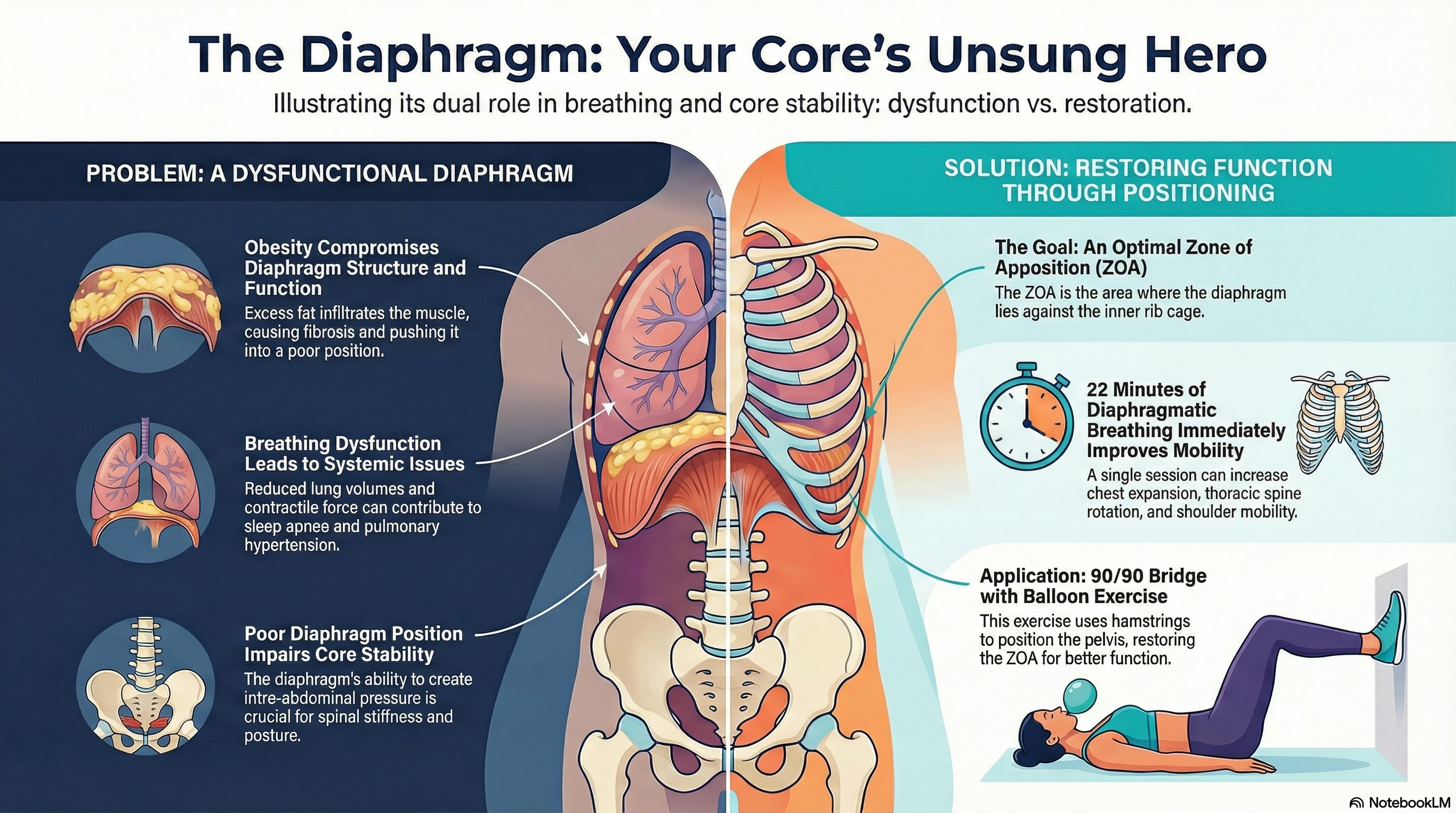 Diaphragm research infographic showing how breathing mechanics connect to posture, tissue remodeling, and movement.